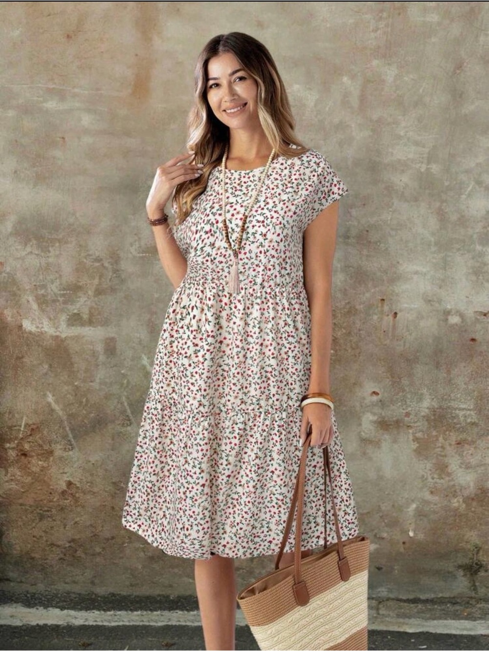 White Floral Tiered Midi Dress with Pink & Green Print